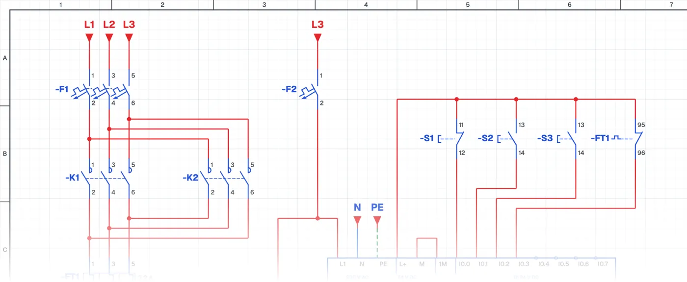 Interlocked Forward-Reverse with a PLC schematic