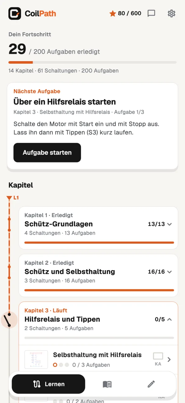 CoilPath Startseite: Kapitel und Fortschritt