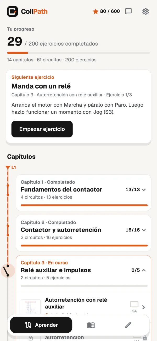 Inicio de CoilPath: capítulos y progreso