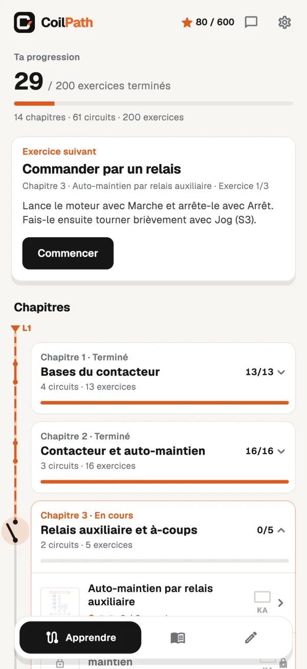 Accueil de CoilPath : chapitres et progression