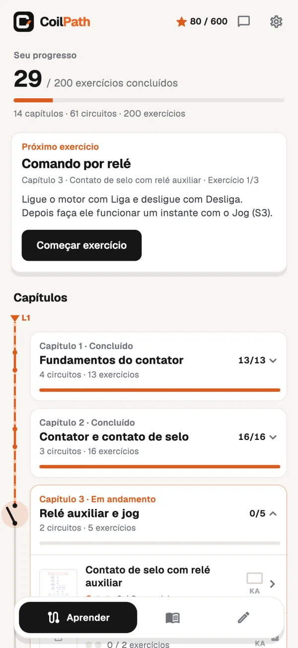 Tela inicial do CoilPath: capítulos e progresso